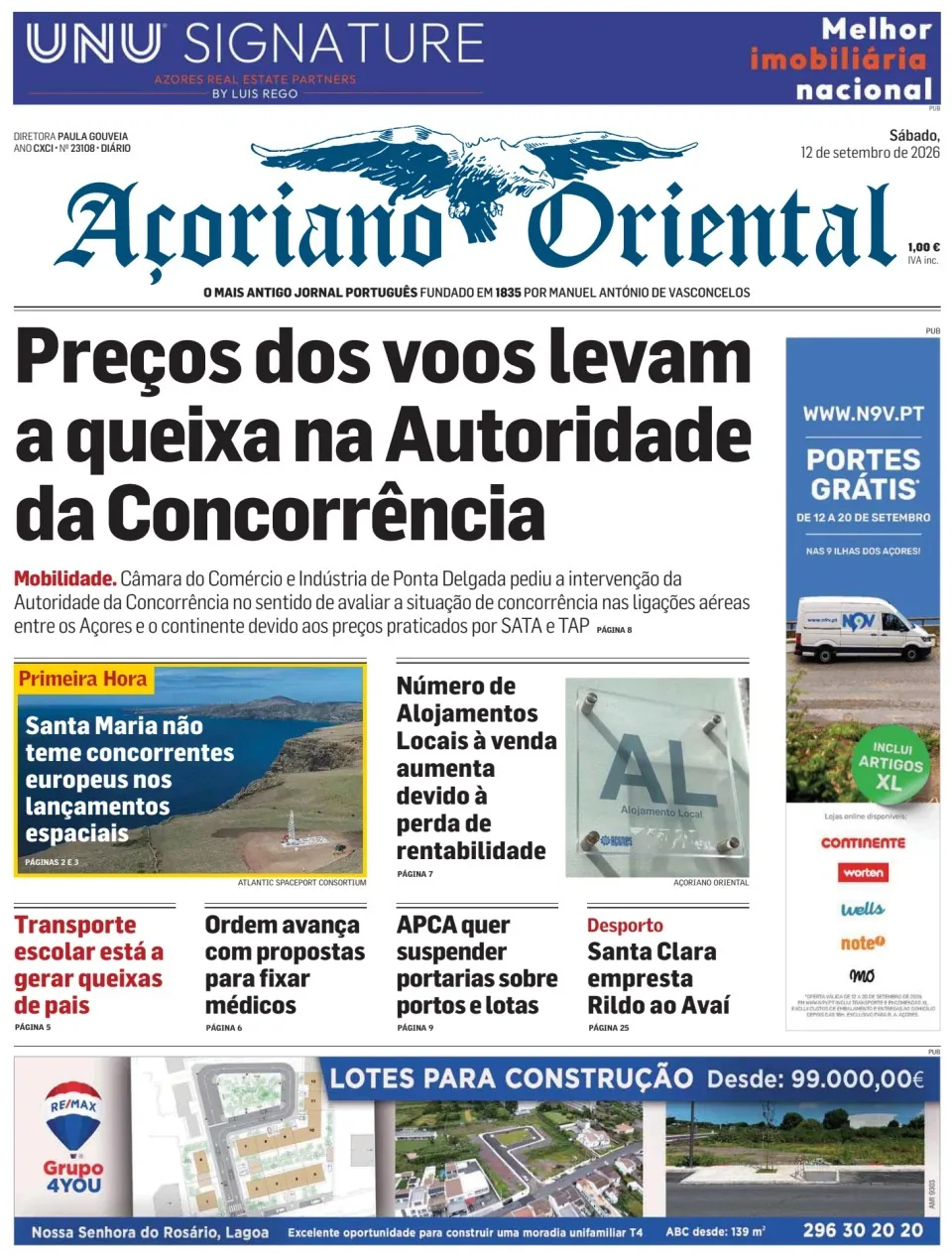Capa do Açoriano Oriental de sábado, 12 de setembro de 2026