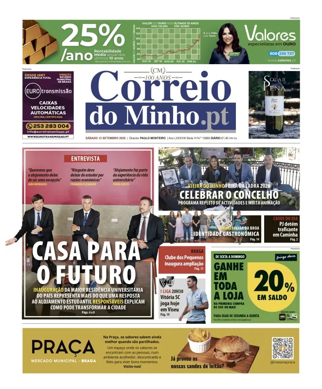 Capa do Correio do Minho de sábado, 12 de setembro de 2026