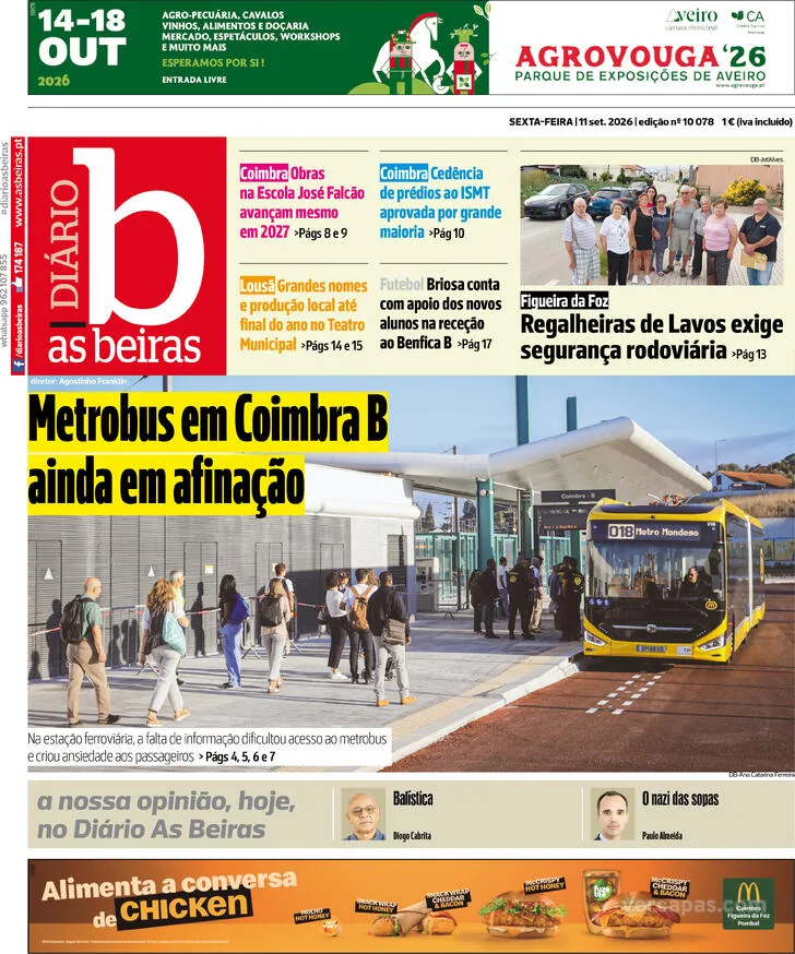 Capa do Diário As Beiras de sábado, 12 de setembro de 2026