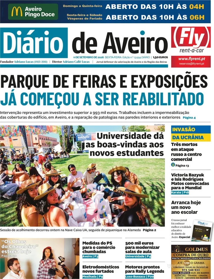 Capa do Diário de Aveiro de sábado, 12 de setembro de 2026