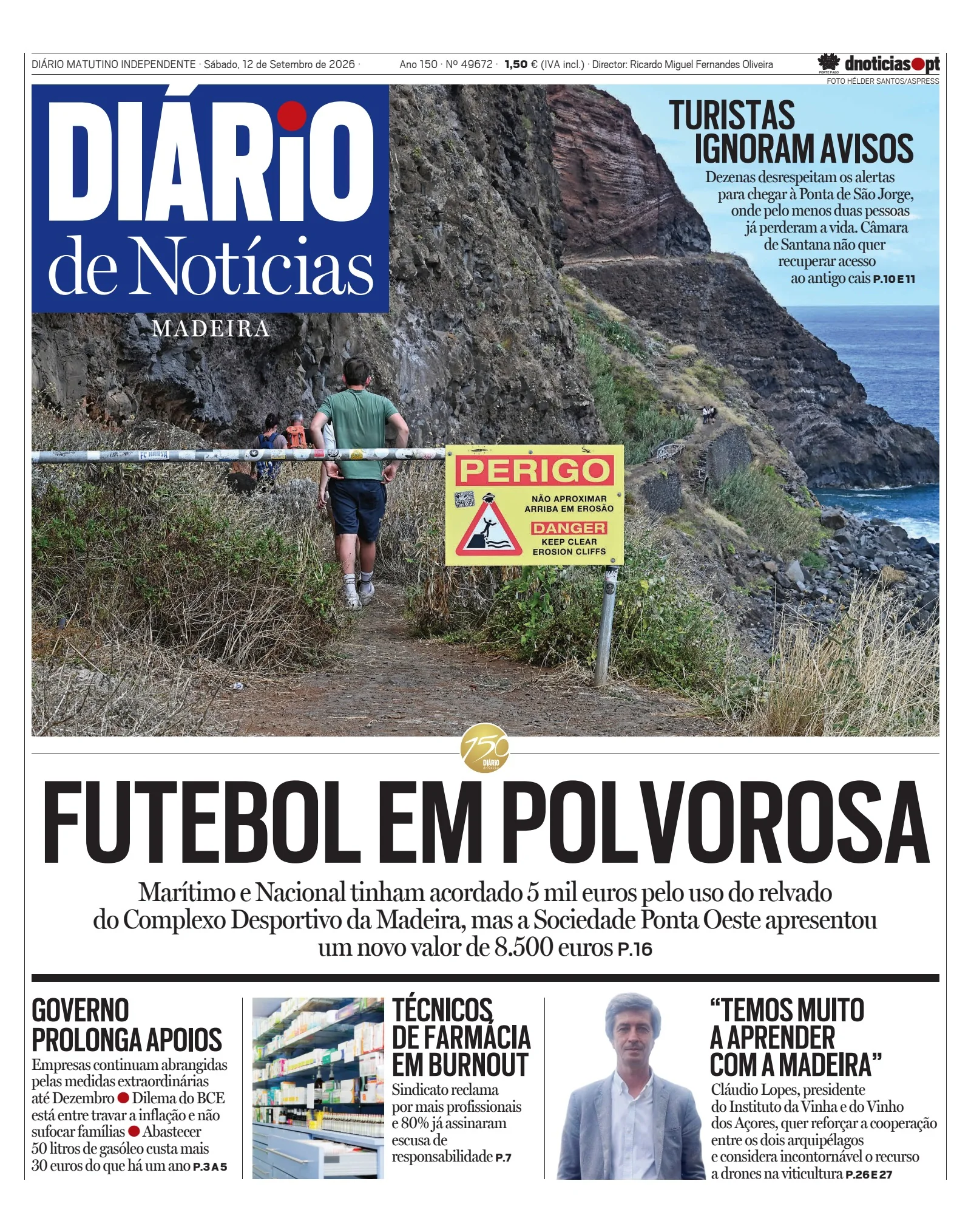 Capa do Diário de Notícias da Madeira de sábado, 12 de setembro de 2026
