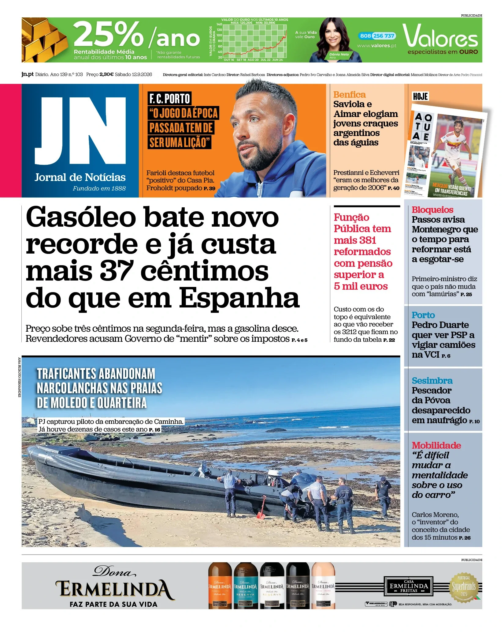 Capa do Jornal de Notícias de sábado, 12 de setembro de 2026