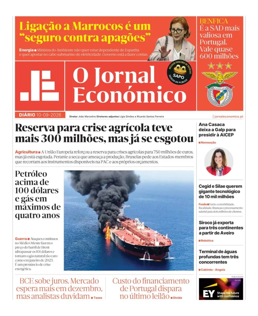Capa do Jornal Económico de sábado, 12 de setembro de 2026