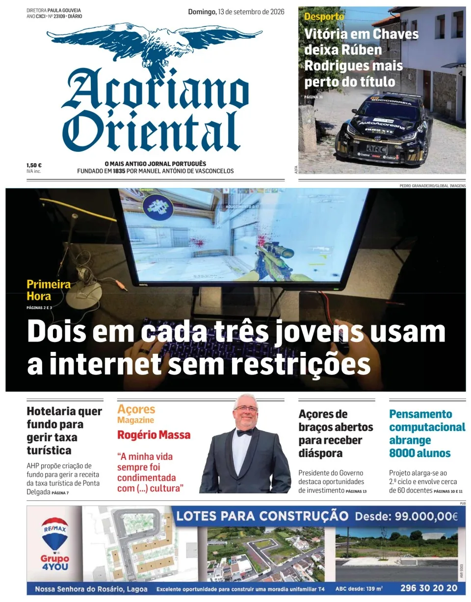 Capa do Açoriano Oriental de domingo, 13 de setembro de 2026