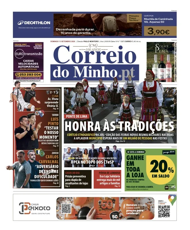Capa do Correio do Minho de domingo, 13 de setembro de 2026