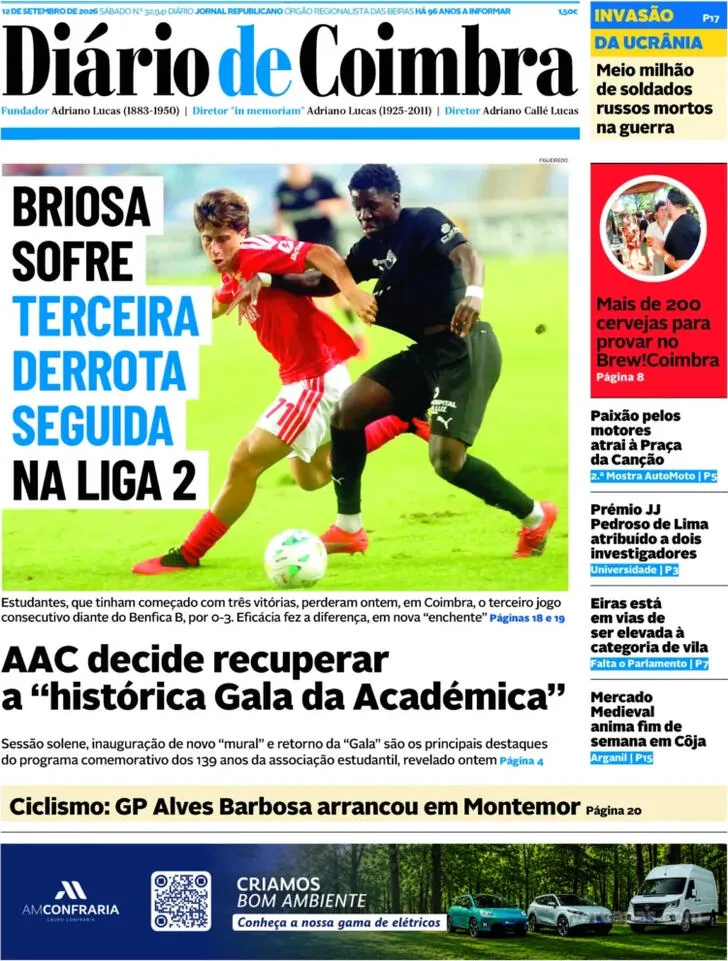Capa do Diário de Coimbra de domingo, 13 de setembro de 2026