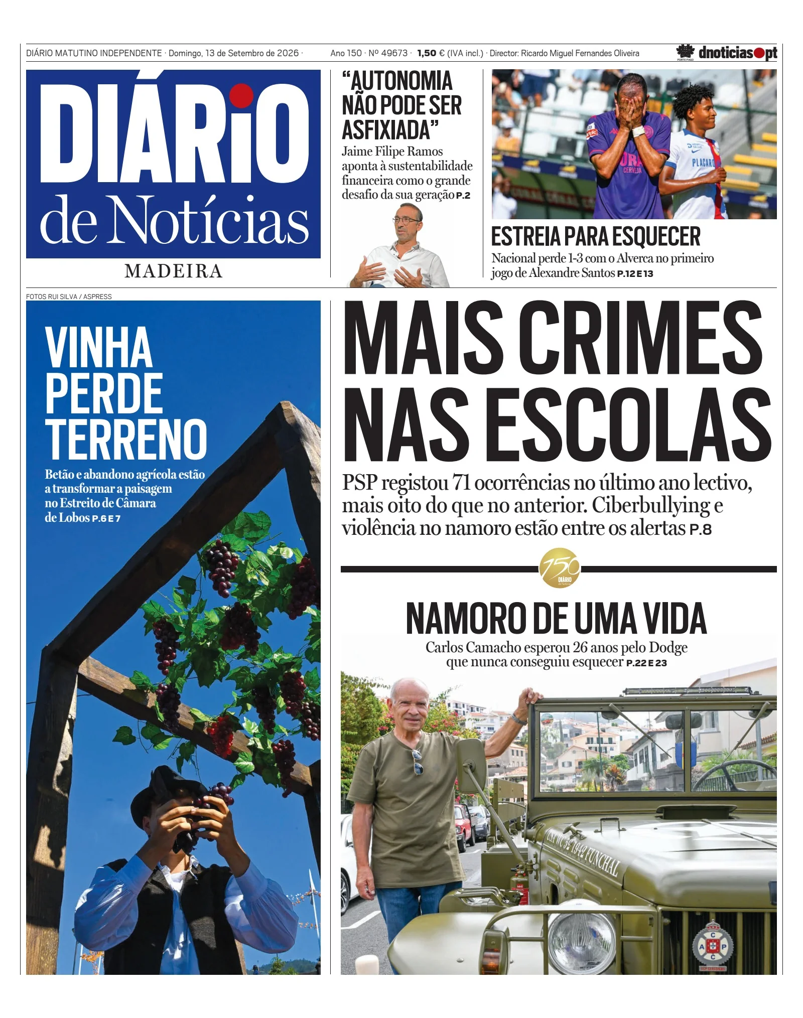 Capa do Diário de Notícias da Madeira de domingo, 13 de setembro de 2026