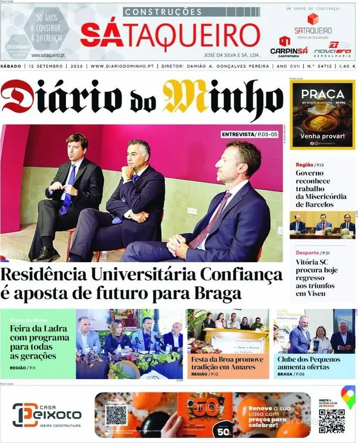 Capa do Diário do Minho de domingo, 13 de setembro de 2026