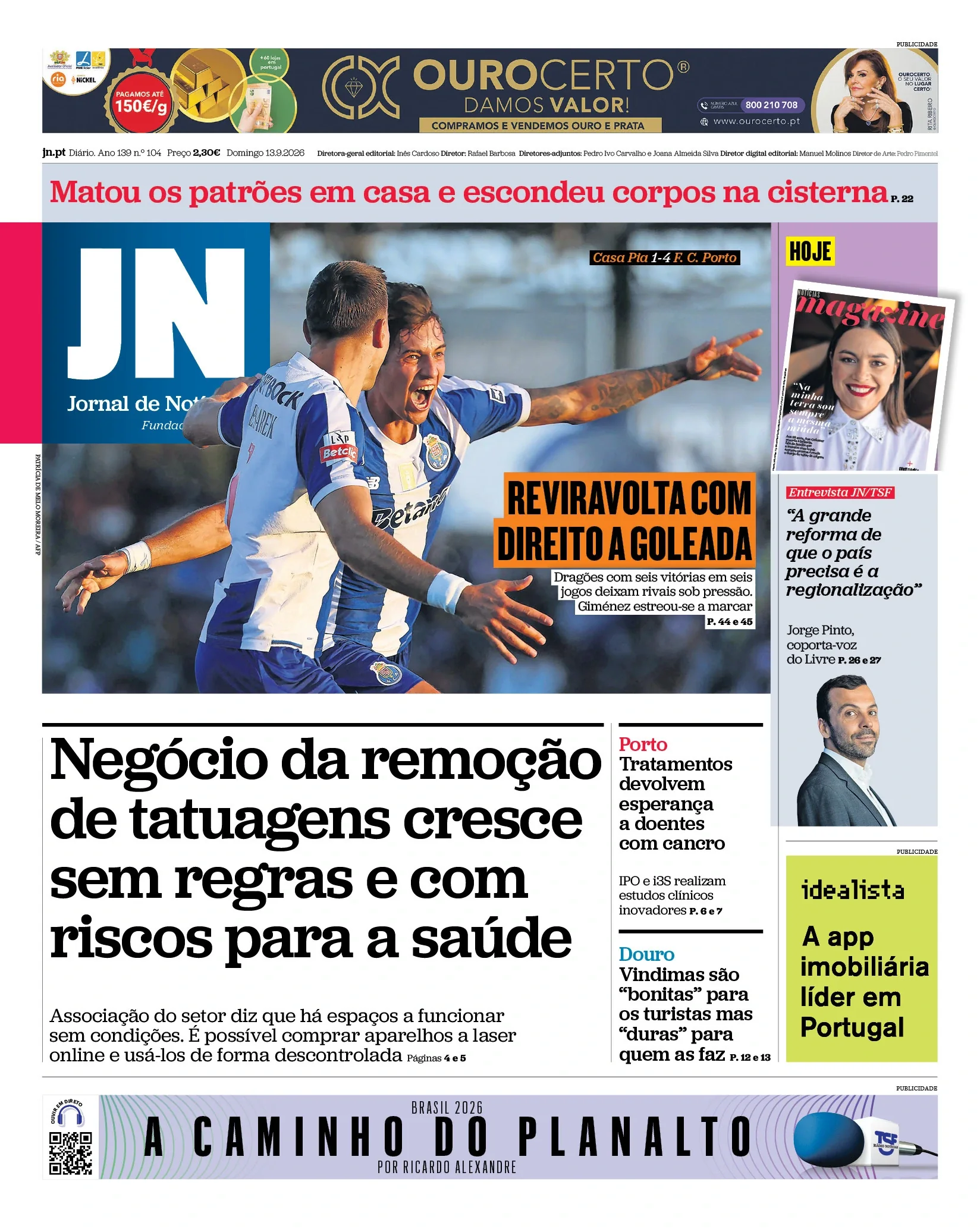 Capa do Jornal de Notícias de domingo, 13 de setembro de 2026
