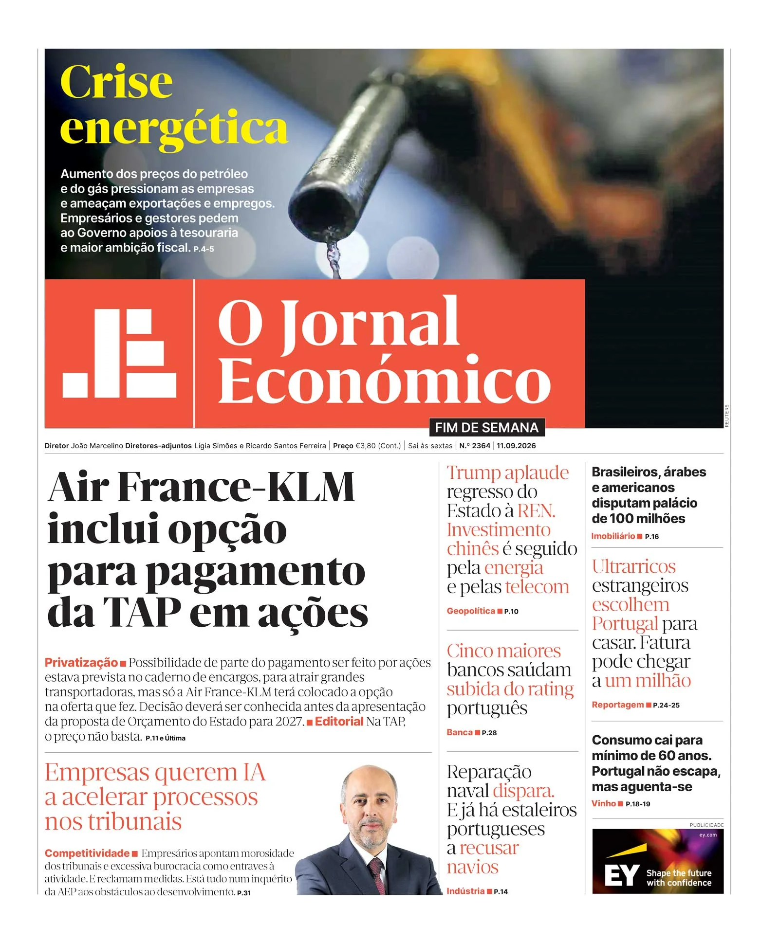 Capa do Jornal Económico de domingo, 13 de setembro de 2026