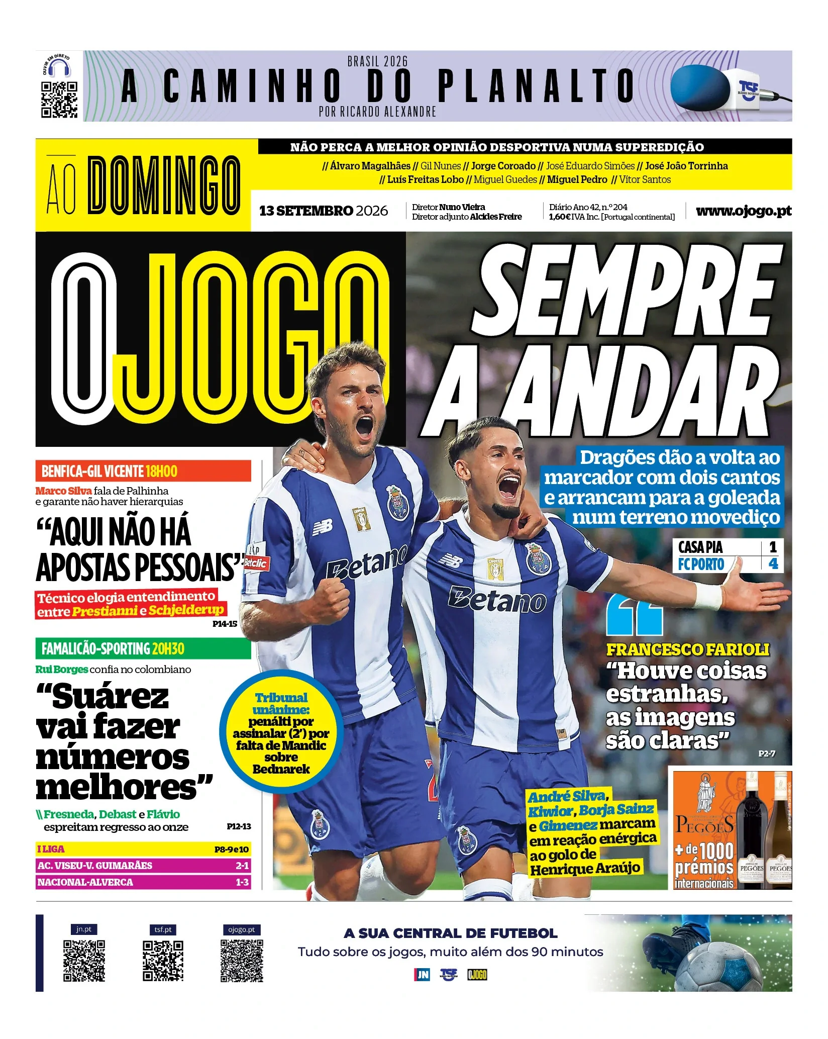 Capa do O Jogo de domingo, 13 de setembro de 2026