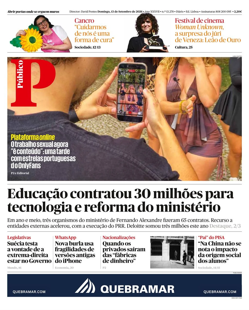 Capa do Público de domingo, 13 de setembro de 2026