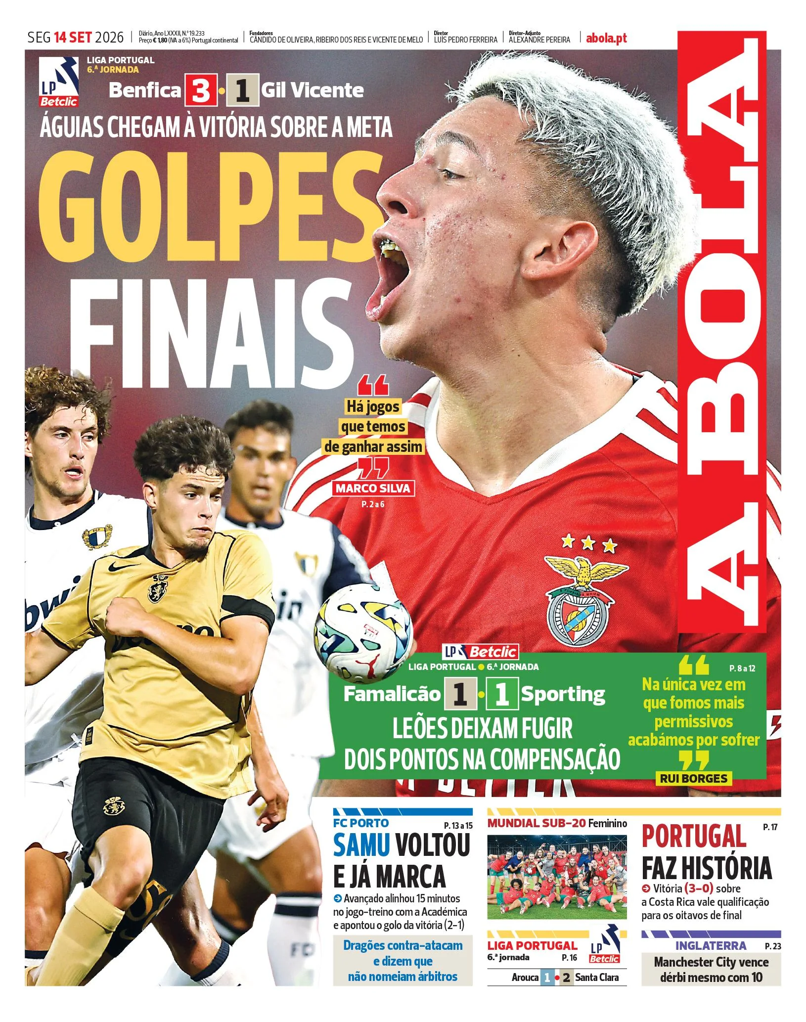 Capa do A Bola de segunda-feira, 14 de setembro de 2026