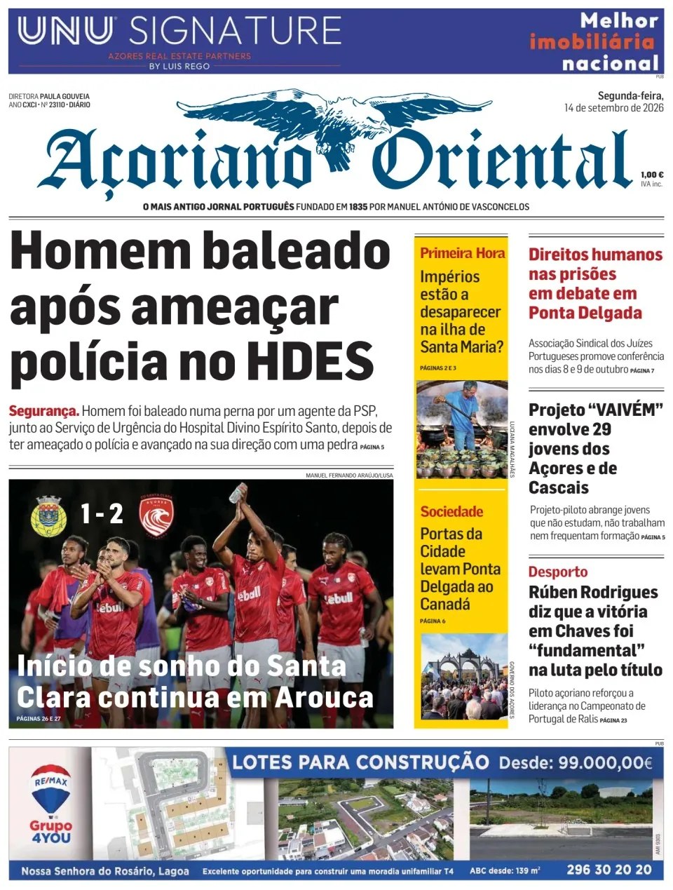 Capa do Açoriano Oriental de segunda-feira, 14 de setembro de 2026