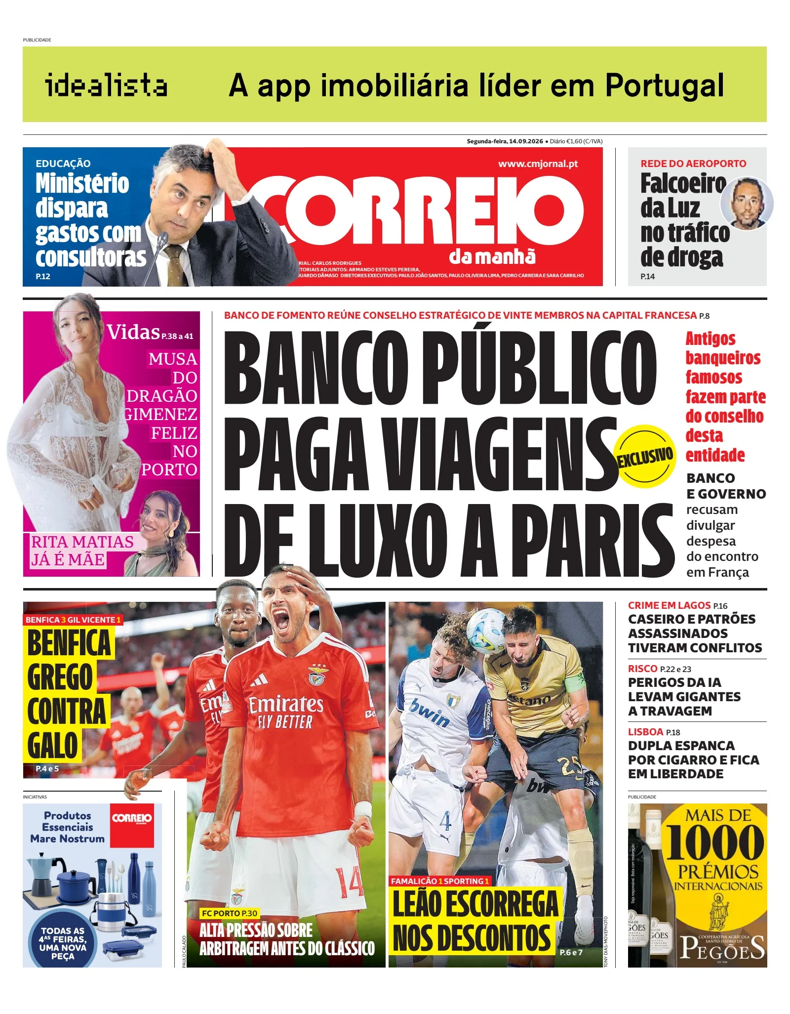 Capa do Correio da Manhã de segunda-feira, 14 de setembro de 2026