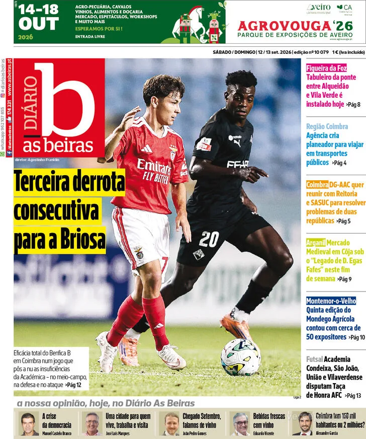 Capa do Diário As Beiras de segunda-feira, 14 de setembro de 2026