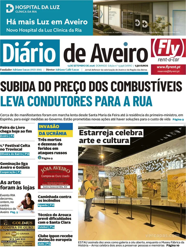 Capa do Diário de Aveiro de segunda-feira, 14 de setembro de 2026