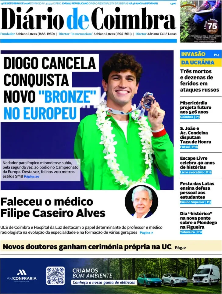 Capa do Diário de Coimbra de segunda-feira, 14 de setembro de 2026