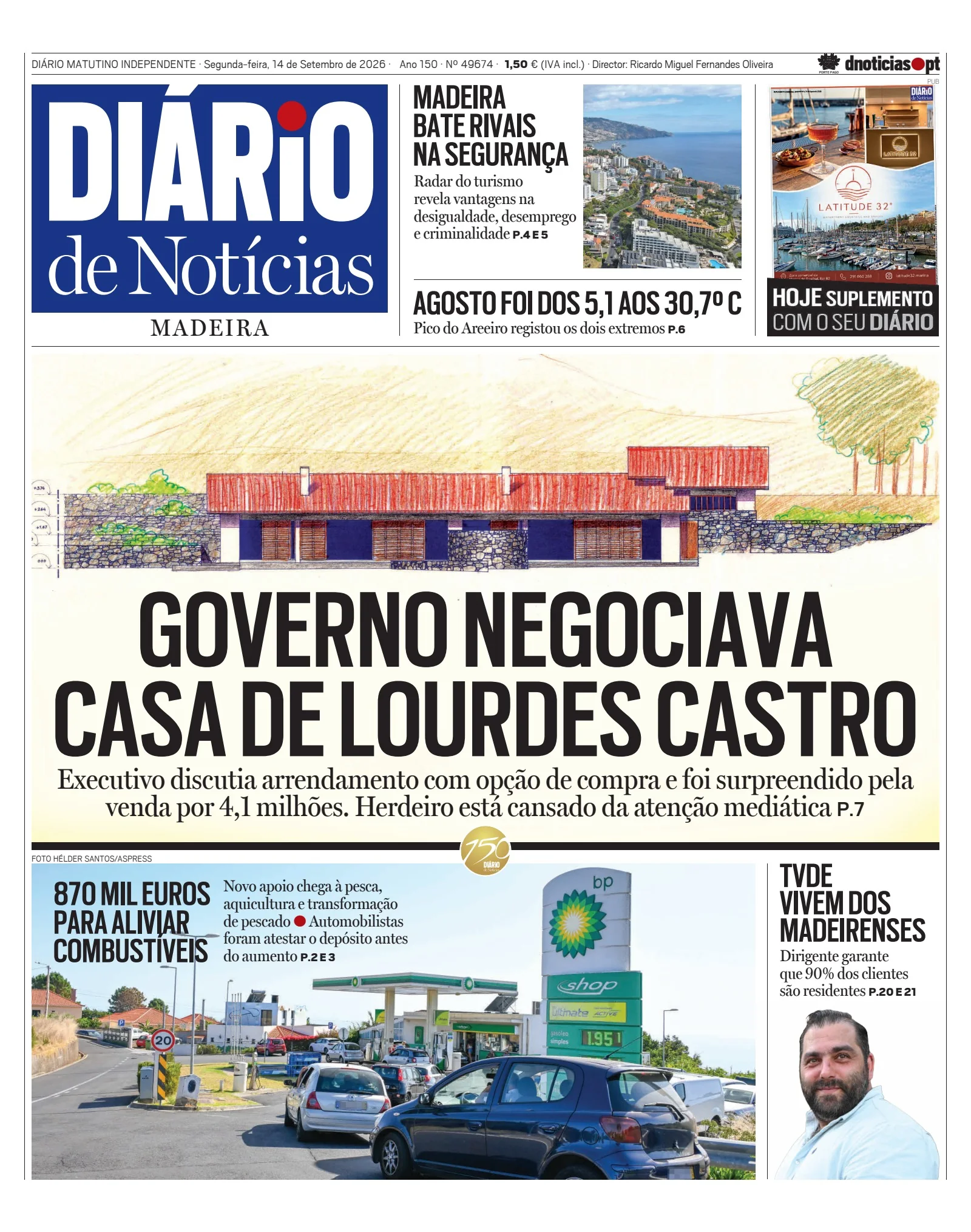 Capa do Diário de Notícias da Madeira de segunda-feira, 14 de setembro de 2026