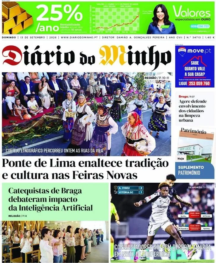 Capa do Diário do Minho de segunda-feira, 14 de setembro de 2026