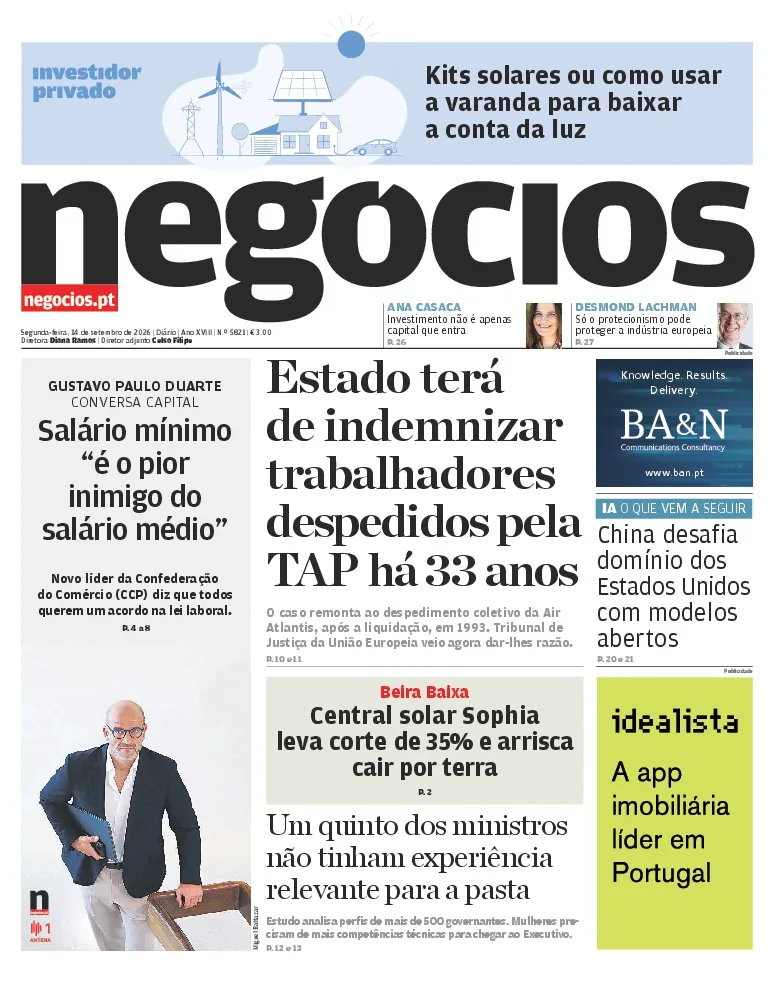 Capa do Jornal de Negócios de segunda-feira, 14 de setembro de 2026