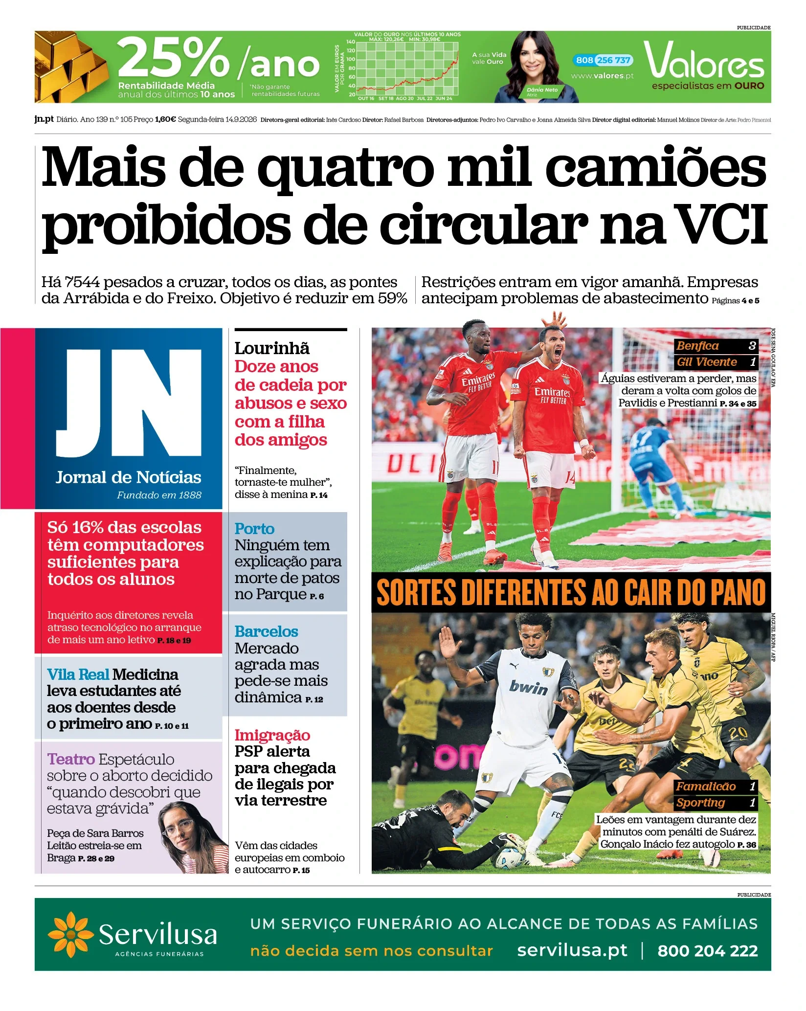 Capa do Jornal de Notícias de segunda-feira, 14 de setembro de 2026
