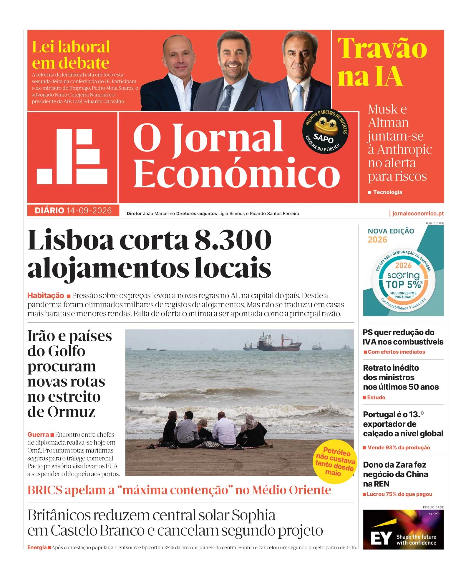 Capa do Jornal Económico de segunda-feira, 14 de setembro de 2026