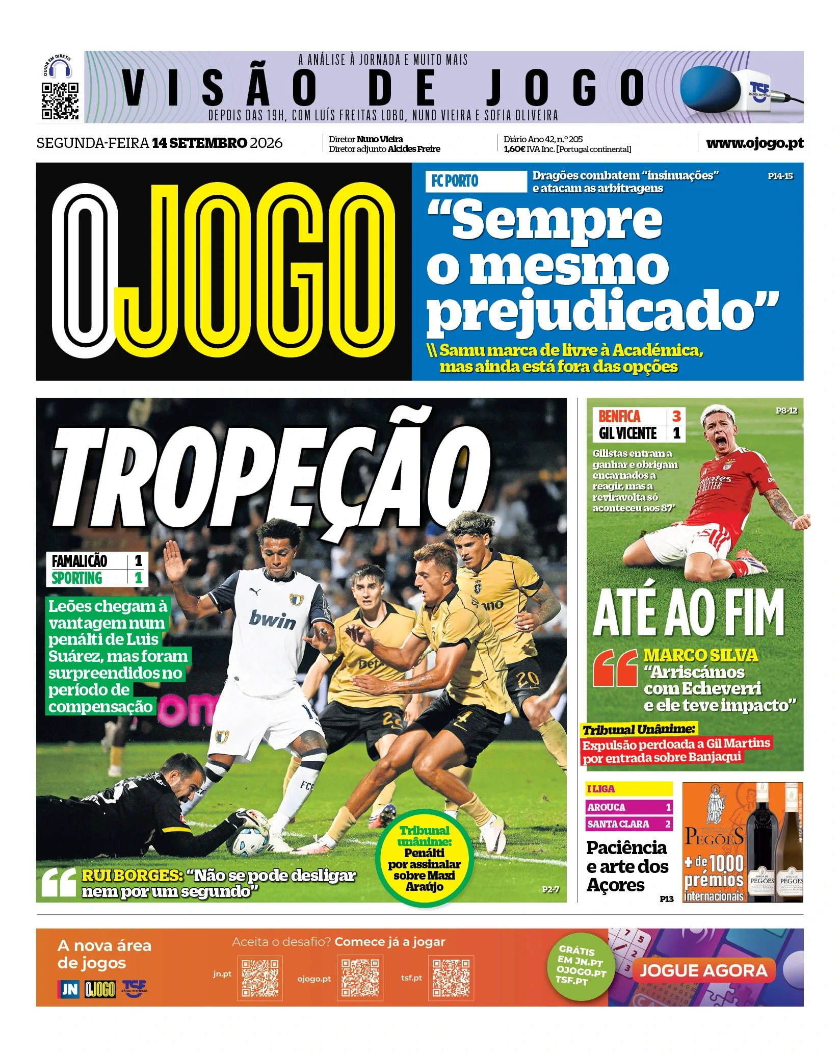 Capa do O Jogo de segunda-feira, 14 de setembro de 2026