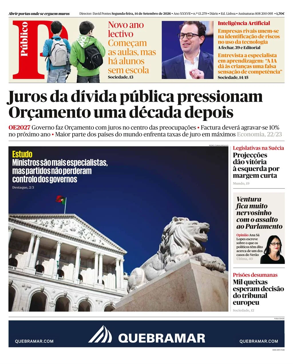 Capa do Público de segunda-feira, 14 de setembro de 2026