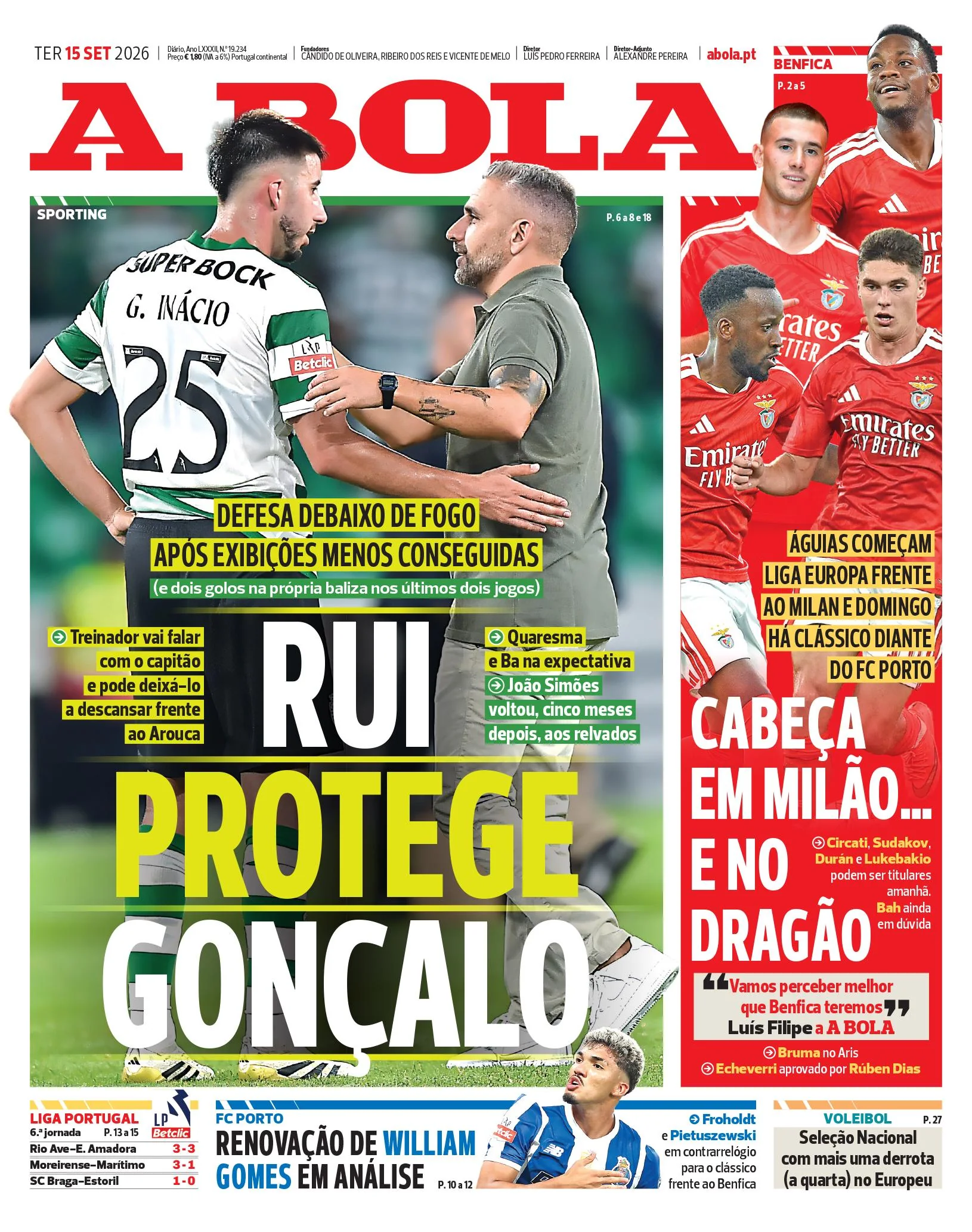 Capa do A Bola de terça-feira, 15 de setembro de 2026