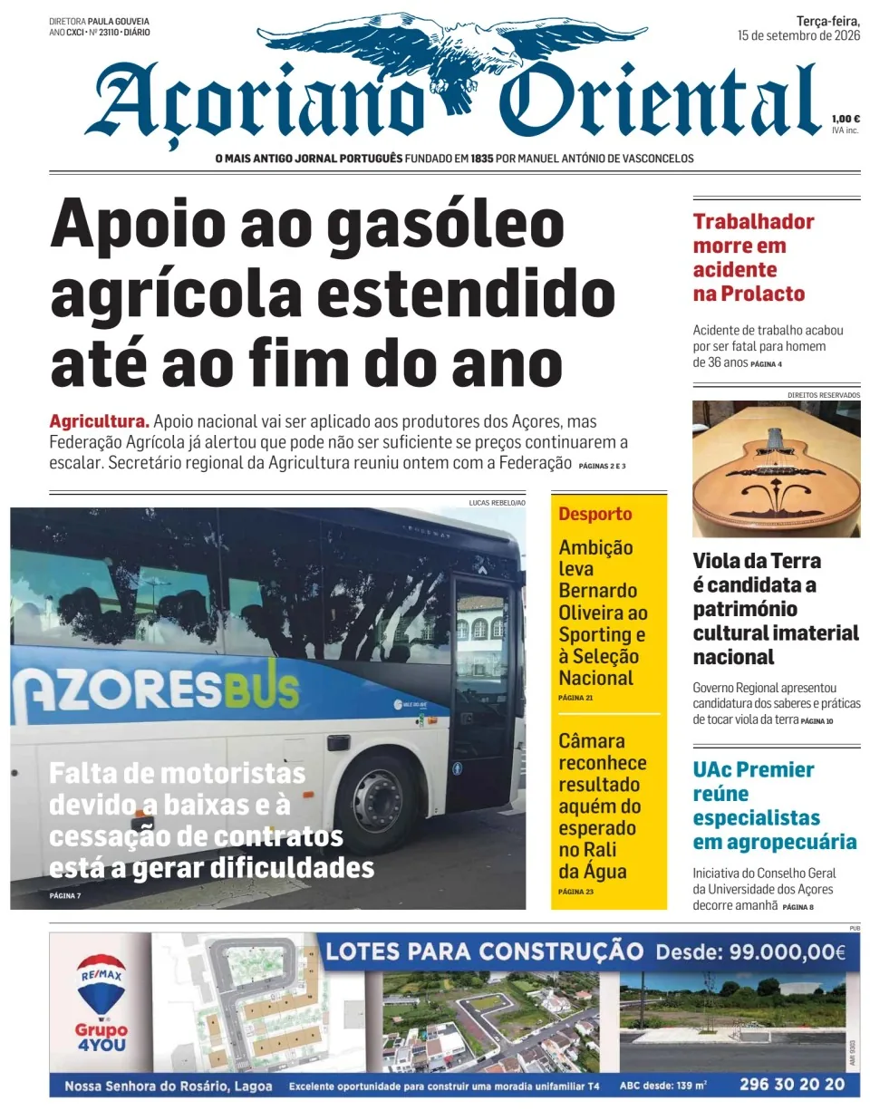 Capa do Açoriano Oriental de terça-feira, 15 de setembro de 2026
