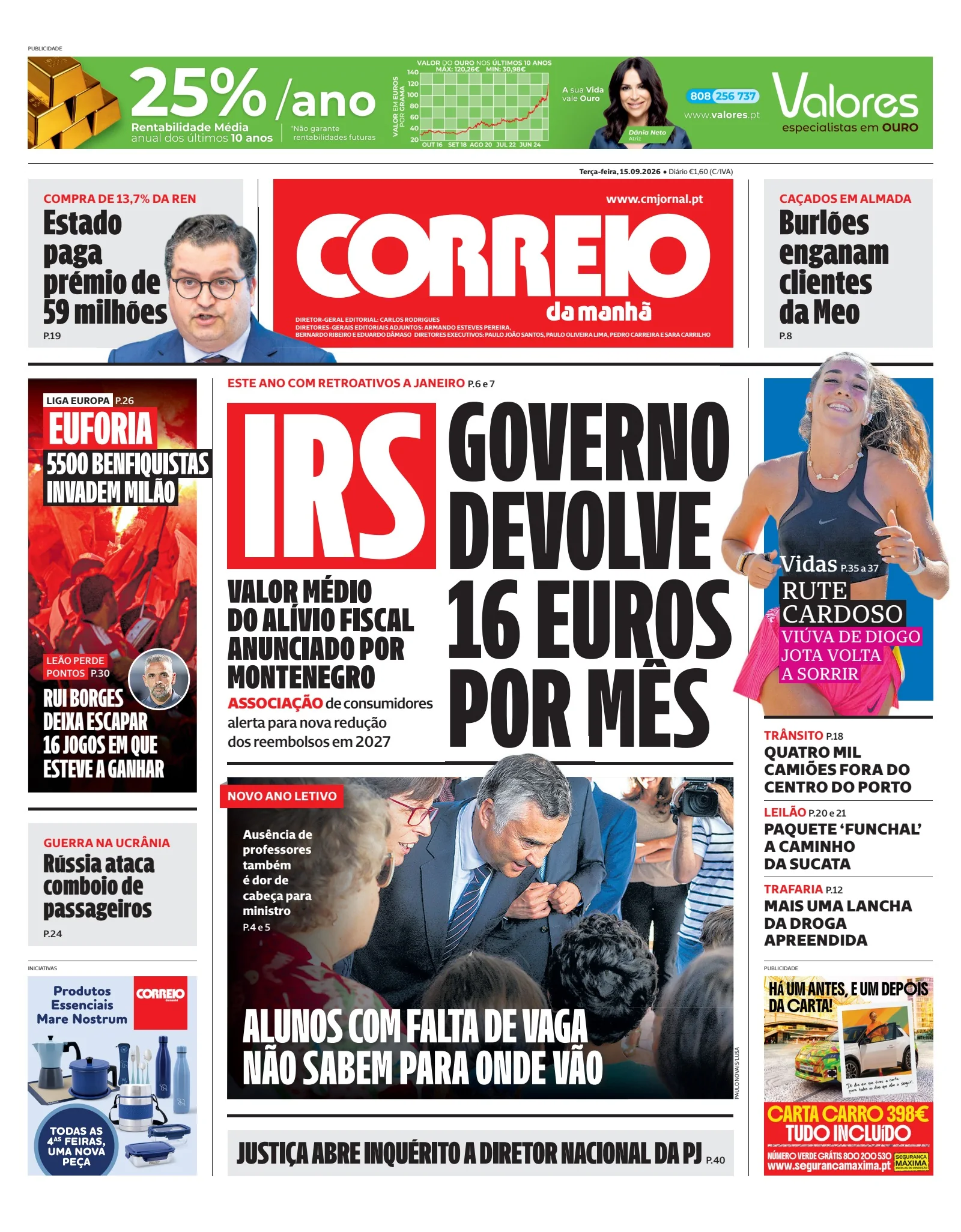 Capa do Correio da Manhã de terça-feira, 15 de setembro de 2026