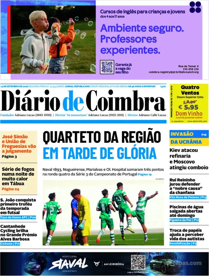 Capa do Diário de Coimbra de terça-feira, 15 de setembro de 2026