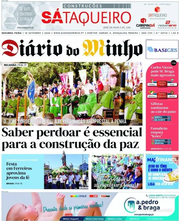 Capa do Diário do Minho de terça-feira, 15 de setembro de 2026