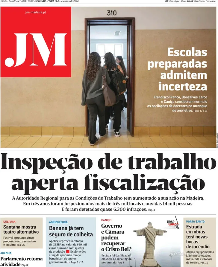 Capa do Jornal da Madeira de terça-feira, 15 de setembro de 2026