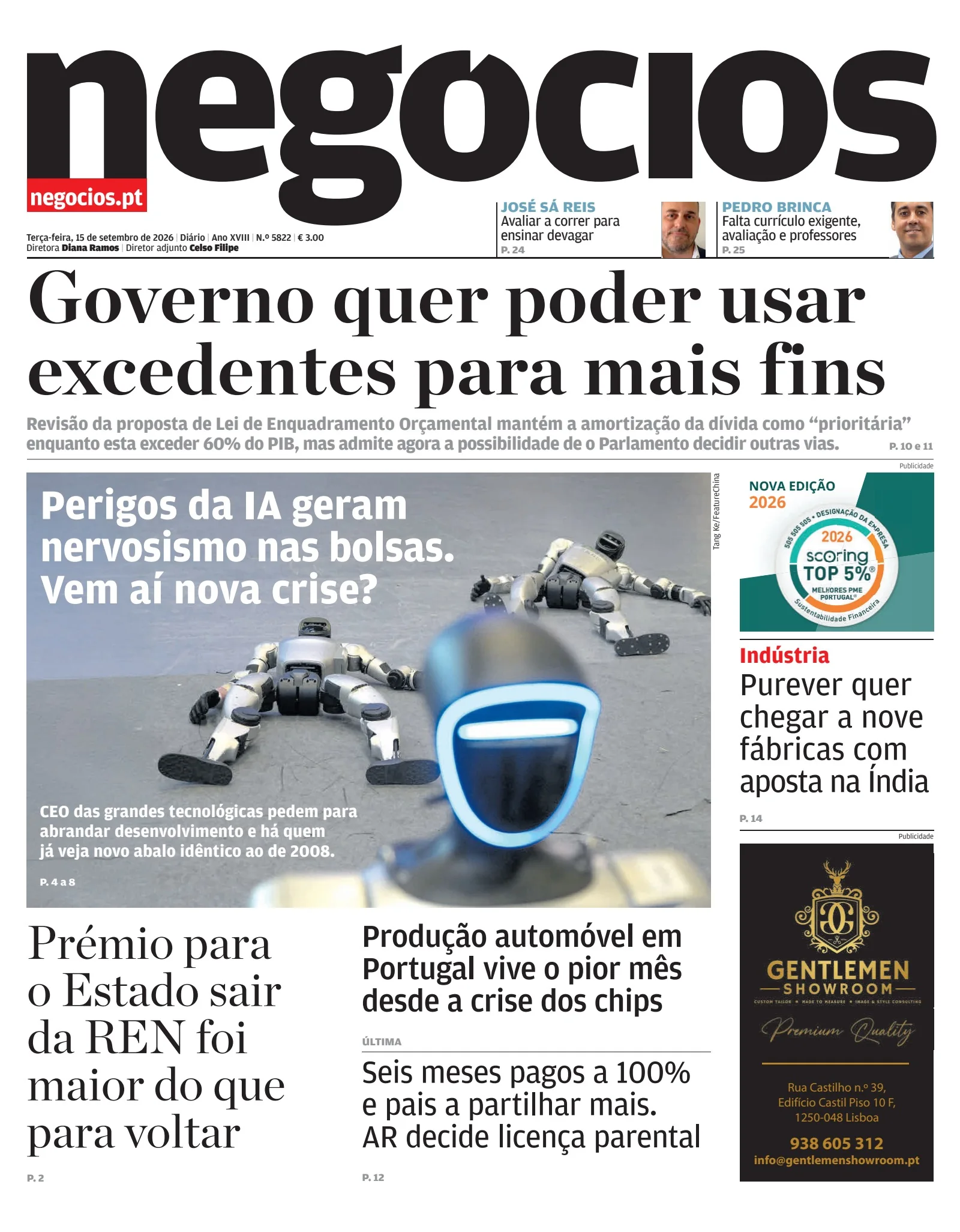 Capa do Jornal de Negócios de terça-feira, 15 de setembro de 2026