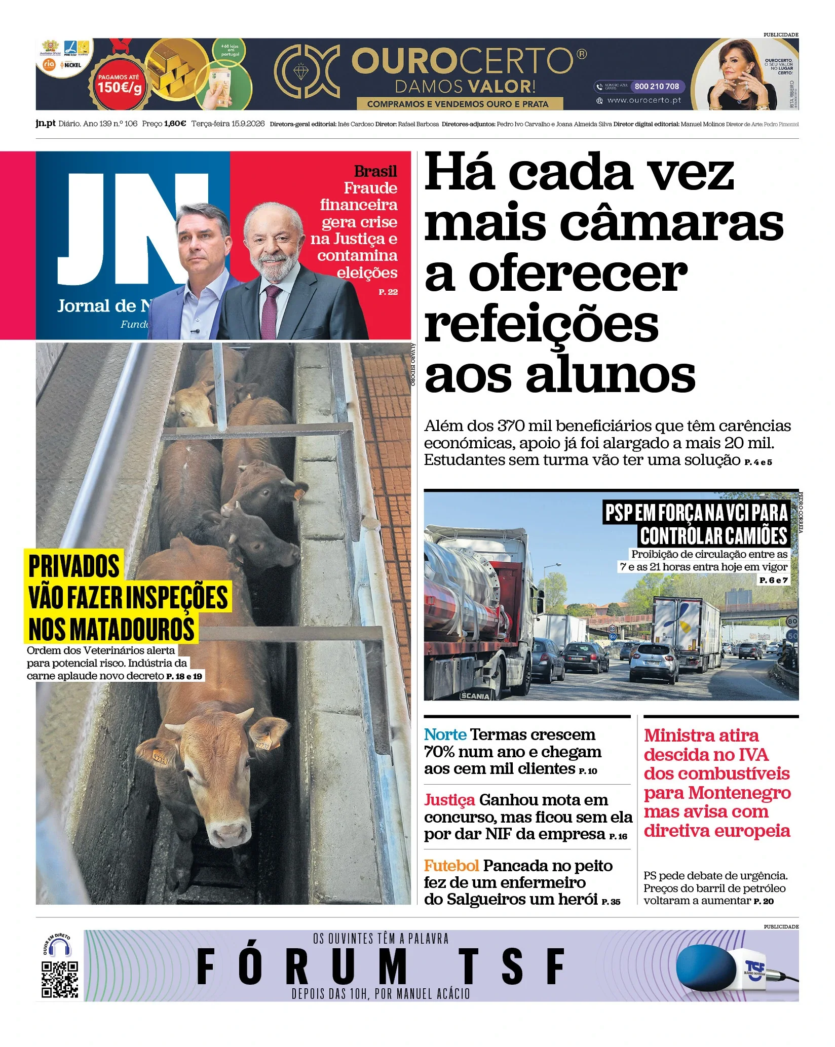 Capa do Jornal de Notícias de terça-feira, 15 de setembro de 2026