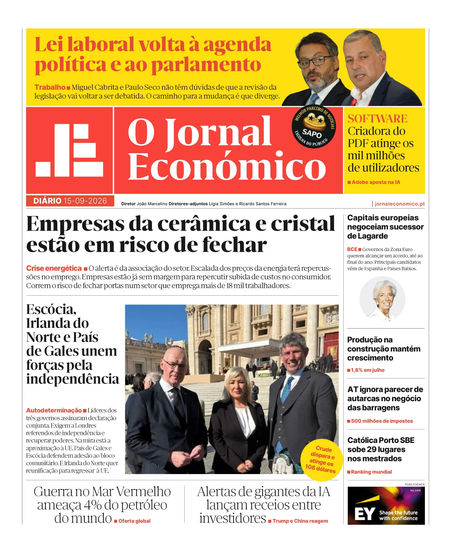 Capa do Jornal Económico de terça-feira, 15 de setembro de 2026