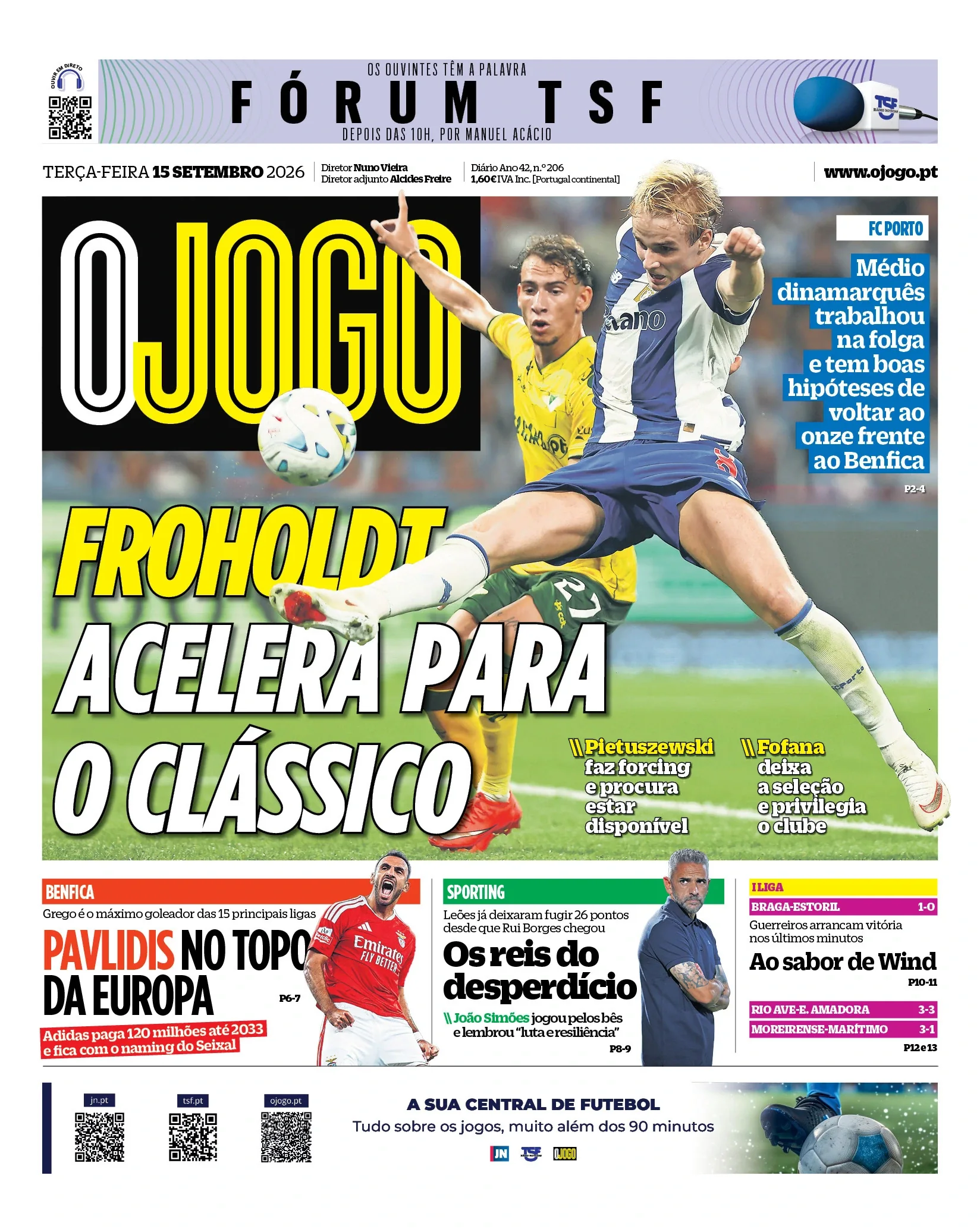Capa do O Jogo de terça-feira, 15 de setembro de 2026