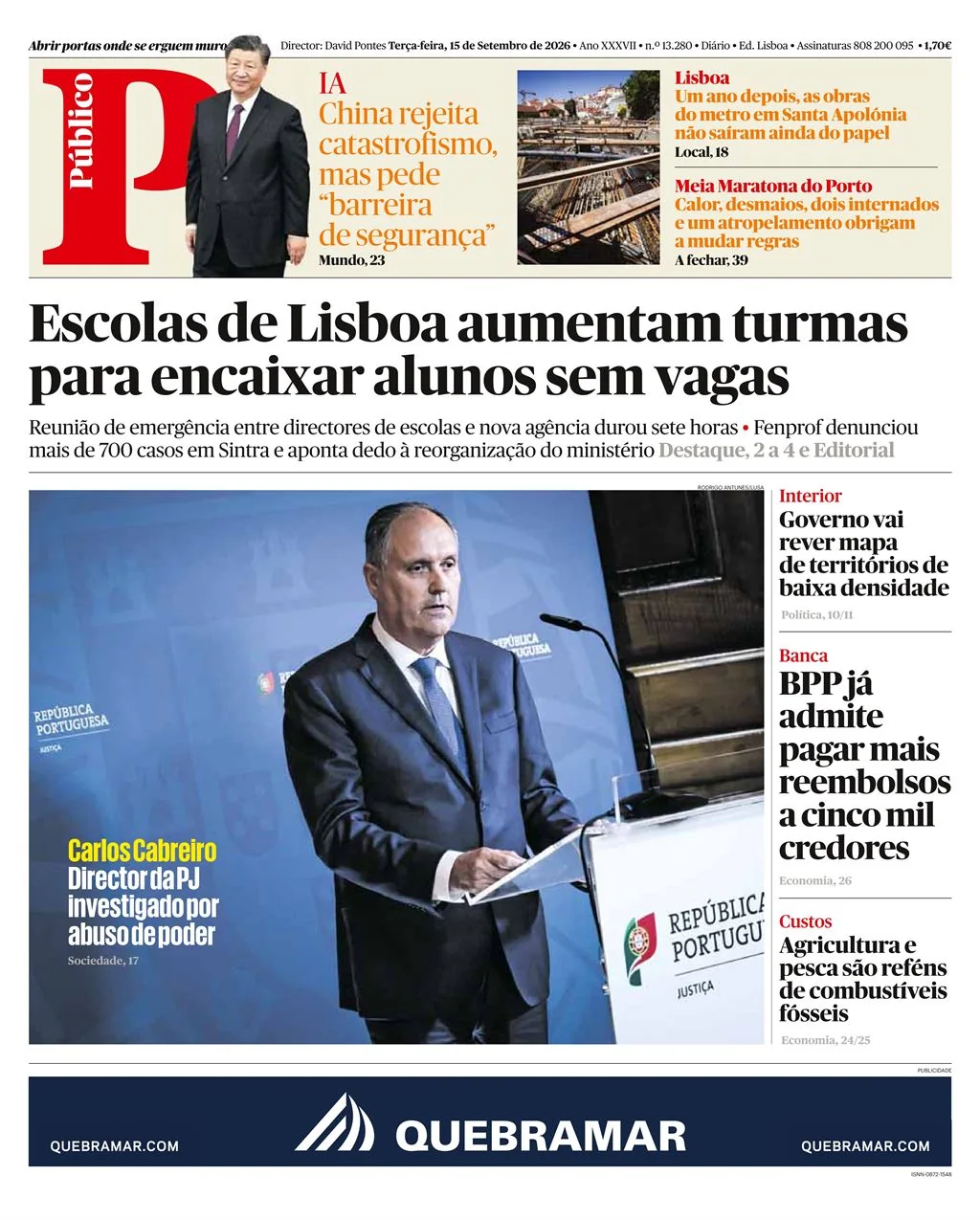 Capa do Público de terça-feira, 15 de setembro de 2026