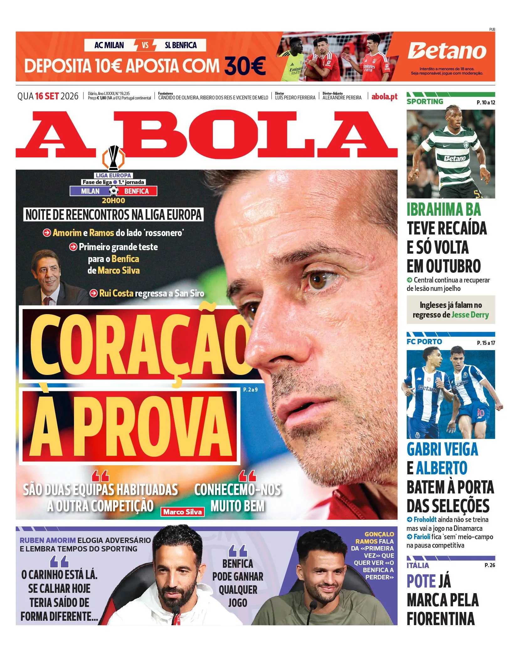 Capa do A Bola de quarta-feira, 16 de setembro de 2026