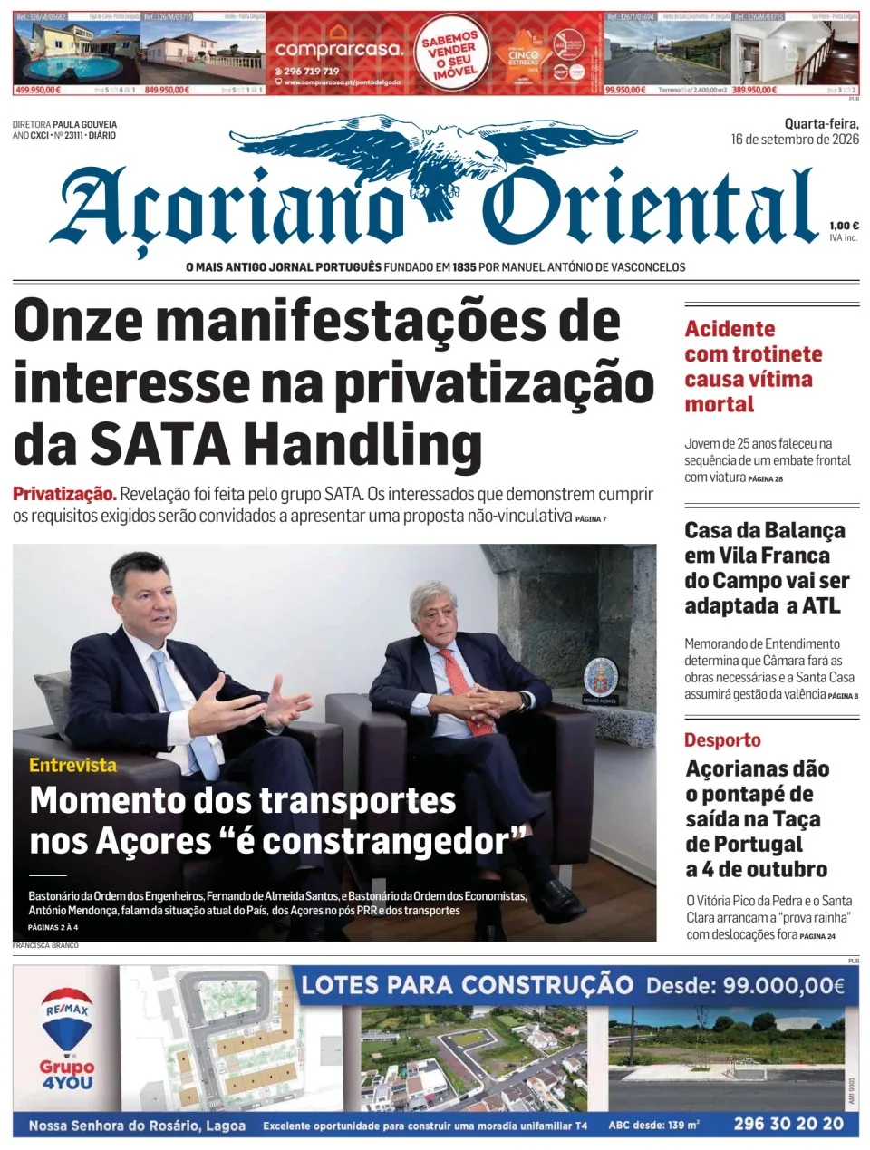 Capa do Açoriano Oriental de quarta-feira, 16 de setembro de 2026