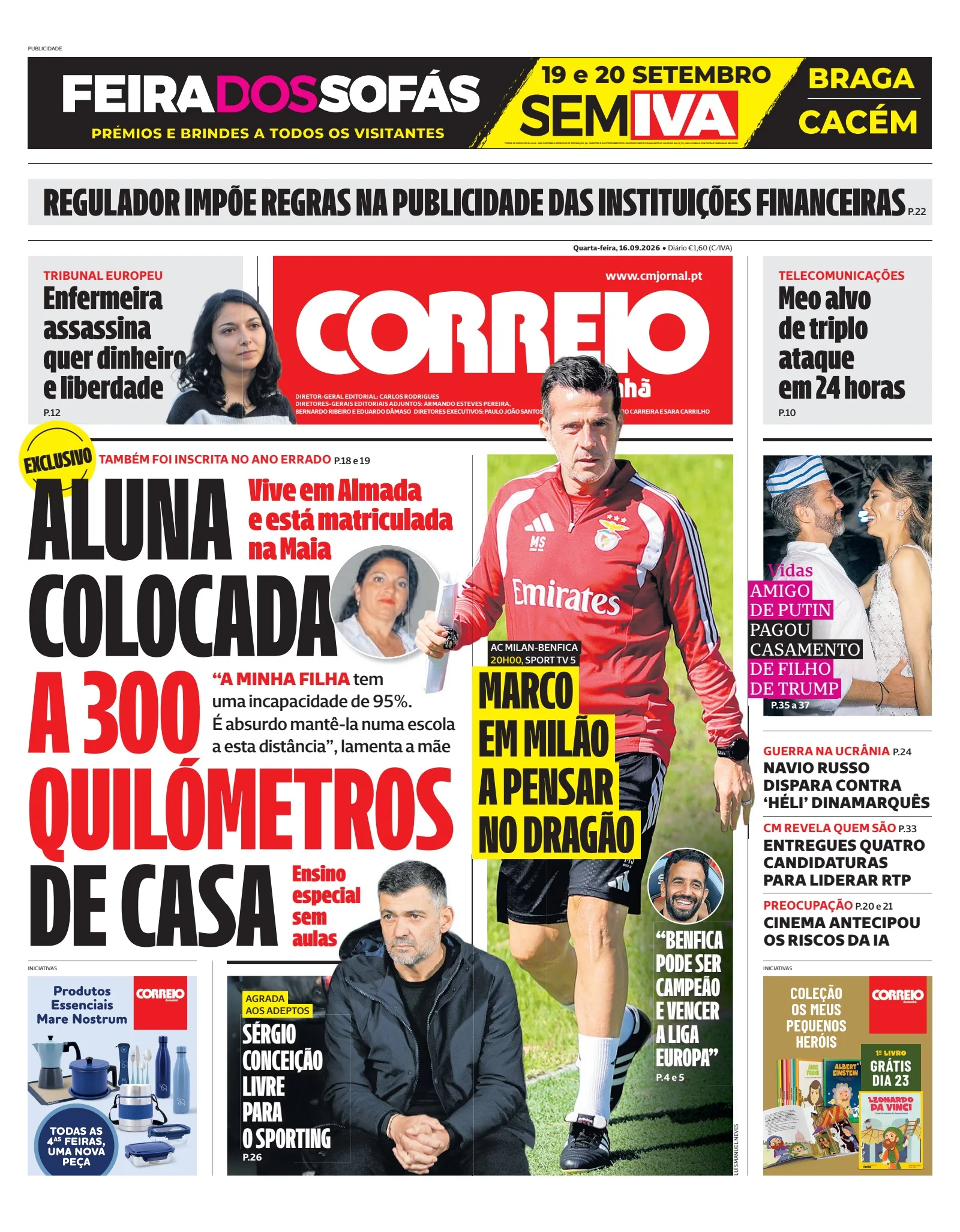 Capa do Correio da Manhã de quarta-feira, 16 de setembro de 2026