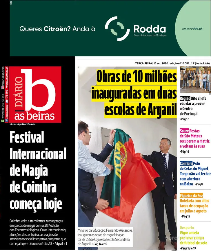 Capa do Diário As Beiras de quarta-feira, 16 de setembro de 2026