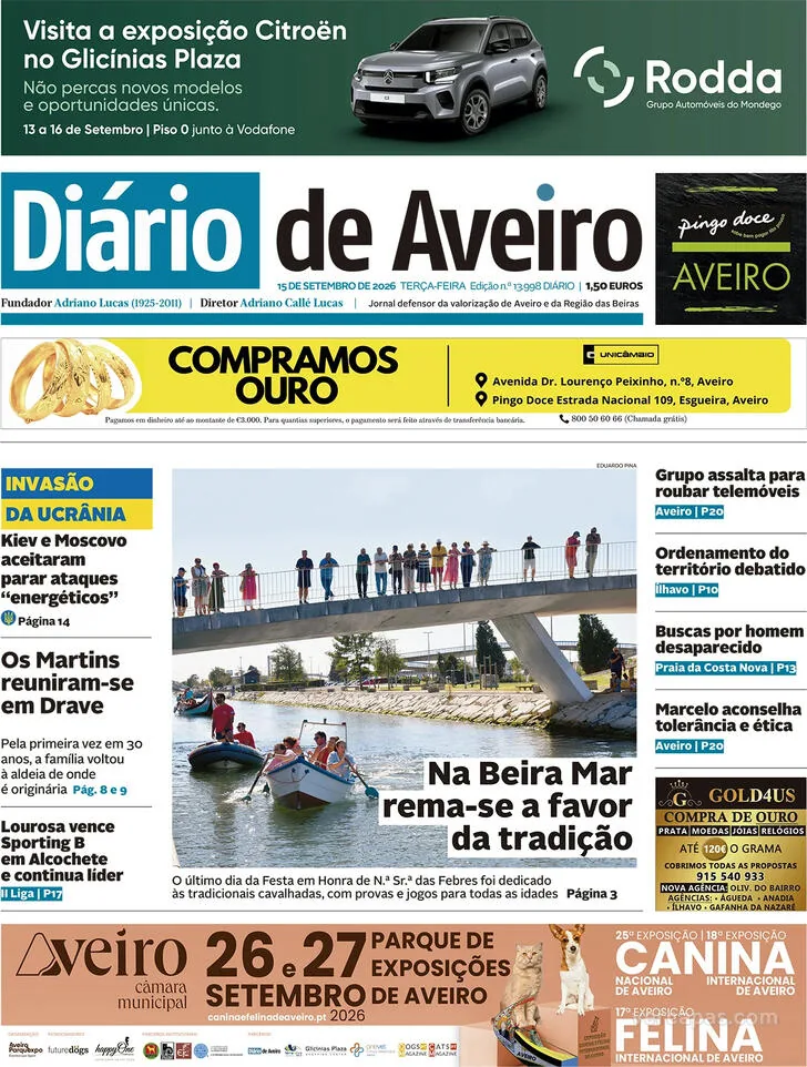 Capa do Diário de Aveiro de quarta-feira, 16 de setembro de 2026