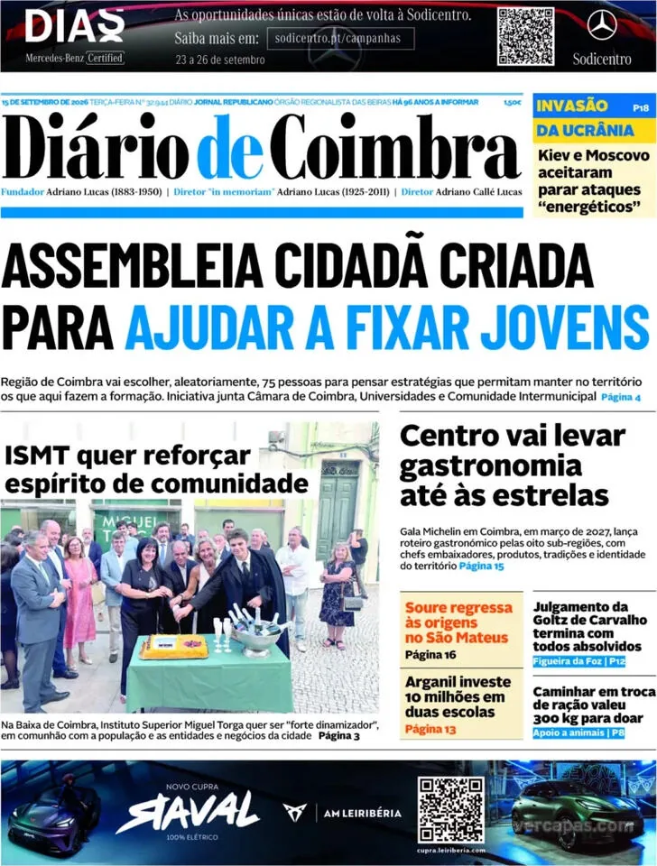 Capa do Diário de Coimbra de quarta-feira, 16 de setembro de 2026