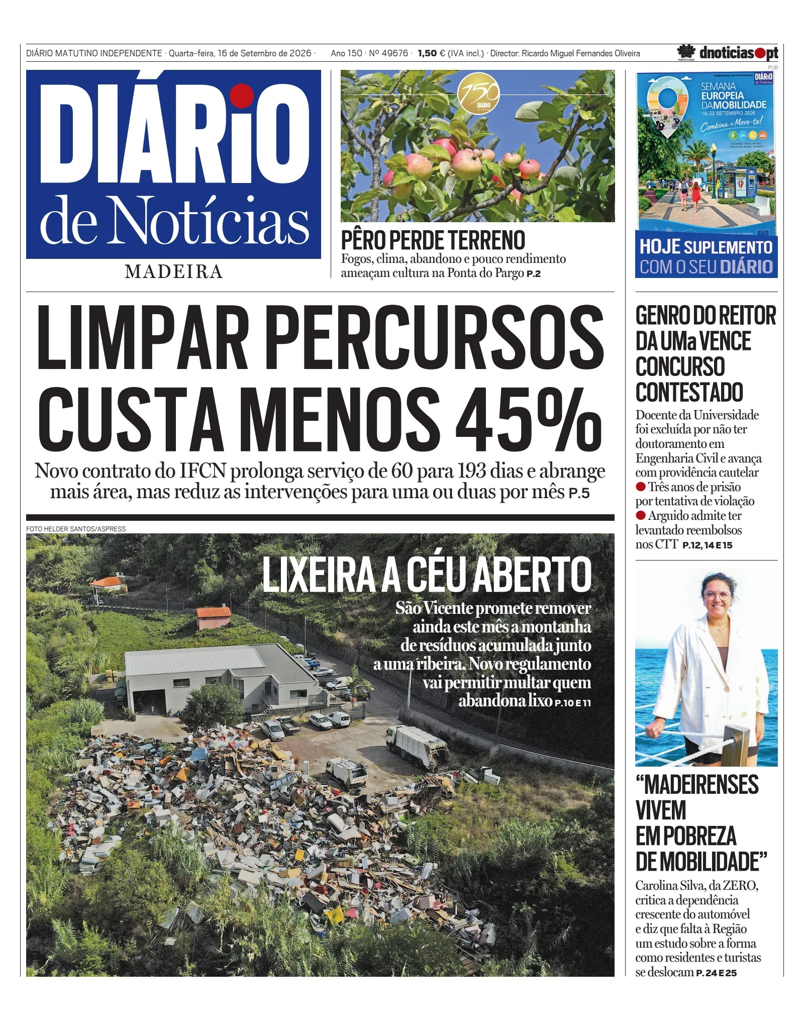 Capa do Diário de Notícias da Madeira de quarta-feira, 16 de setembro de 2026
