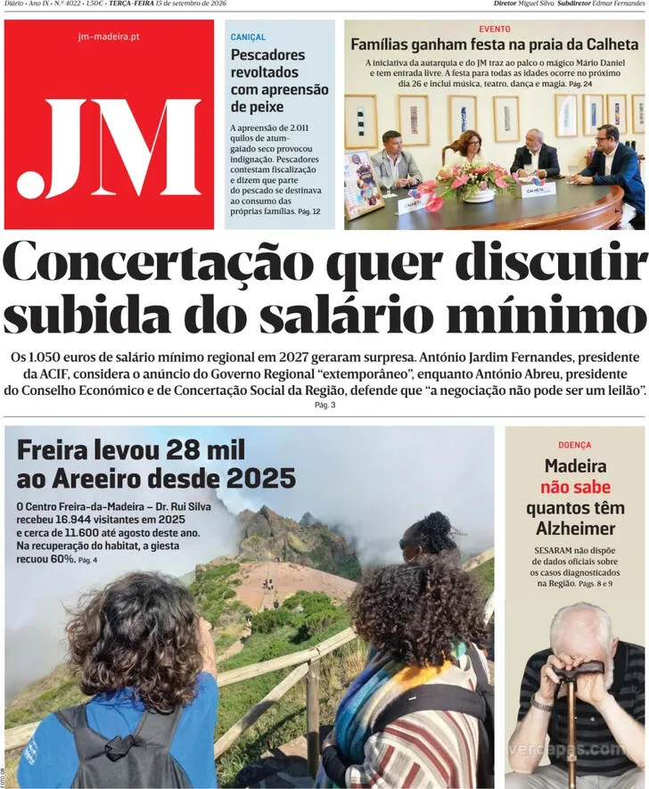 Capa do Jornal da Madeira de quarta-feira, 16 de setembro de 2026