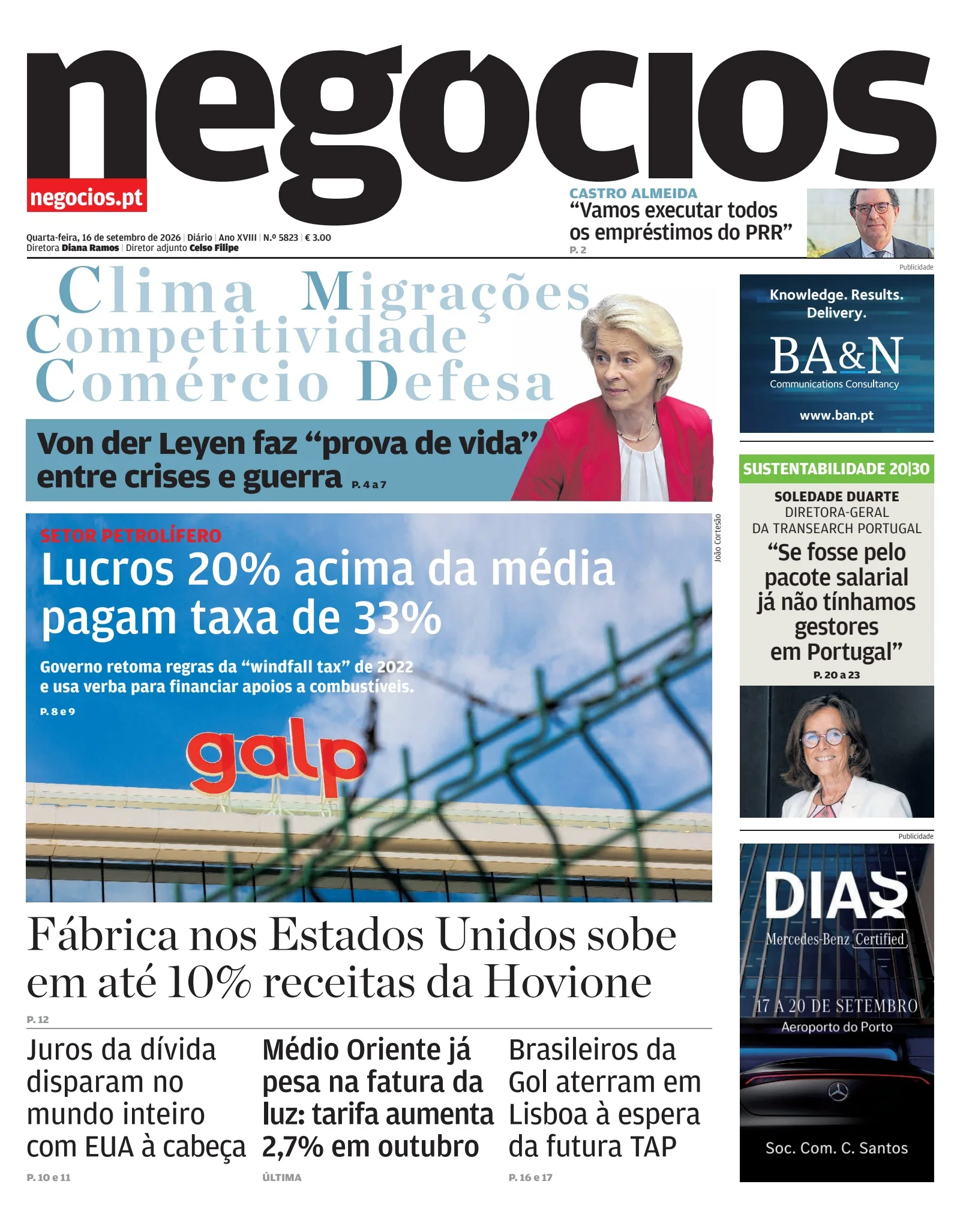Capa do Jornal de Negócios de quarta-feira, 16 de setembro de 2026