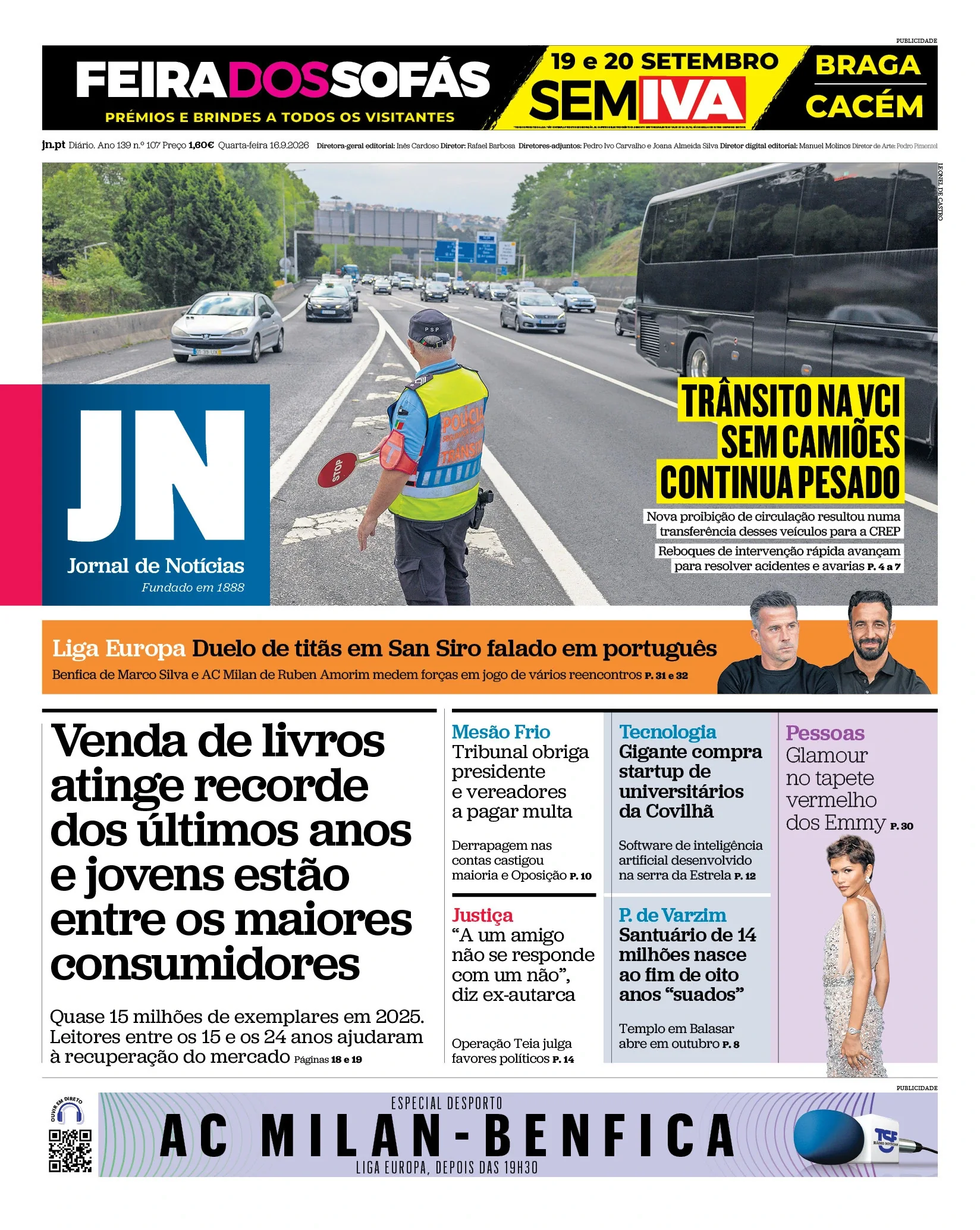 Capa do Jornal de Notícias de quarta-feira, 16 de setembro de 2026